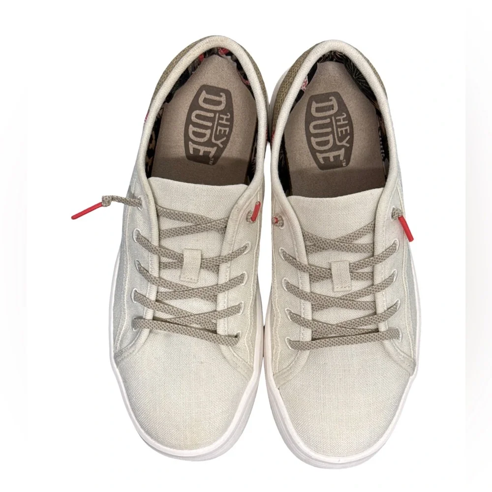 Hey Dude Low-Top Sneakers in Off-White with Tan & Red Accents